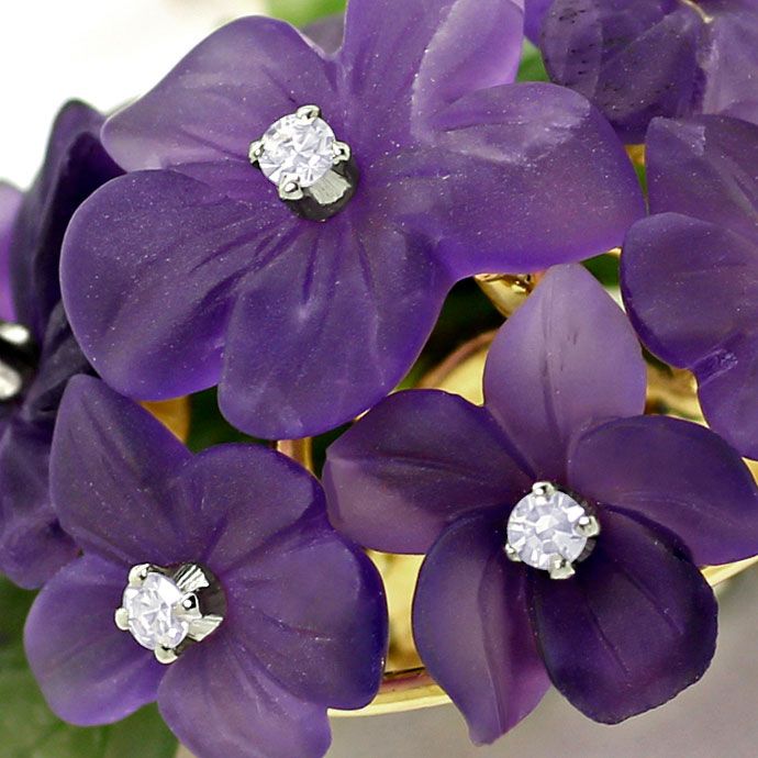Foto 3 - Veilchen Brosche Blüten Amehtyst Diamant Blätter Jadeit, R6994